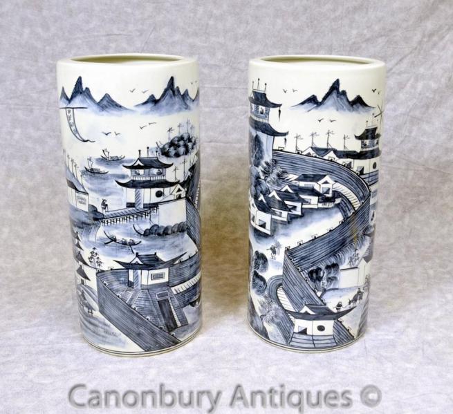 Pair Blue and White Ming Porcelain Umbrella Stands Urns Vases Chinese