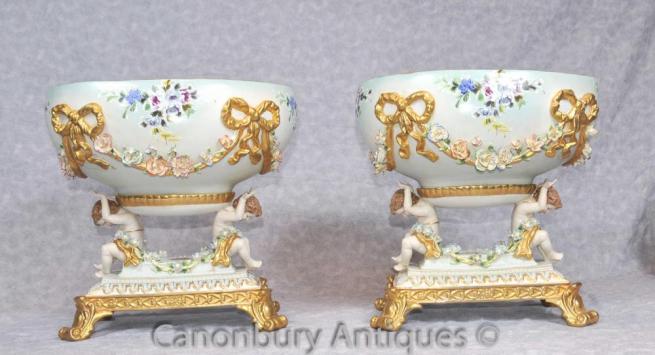 Pair Dresden Porcelain Cherub Comports Bowls Tureens Encrusted
