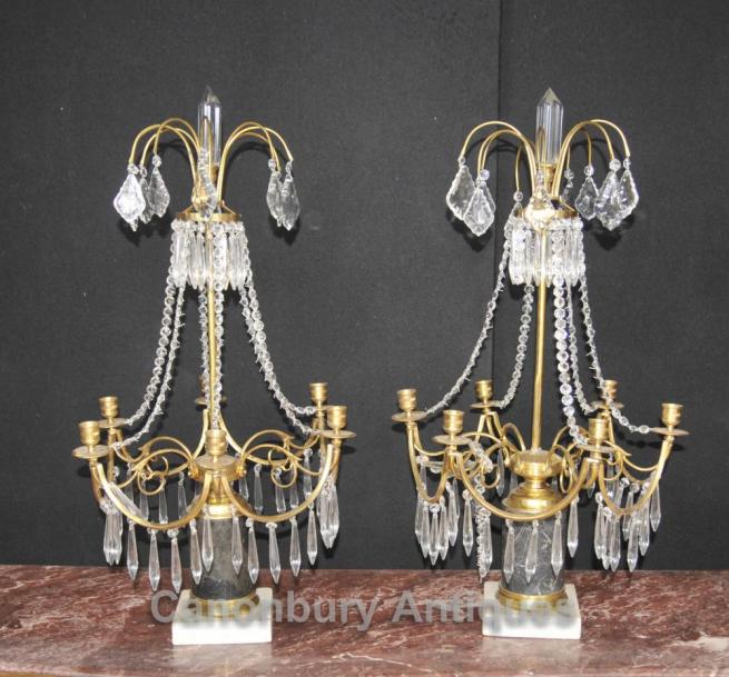 Pair French Empire Chandelier Candelabras Ormolu Marble Glass Lustres