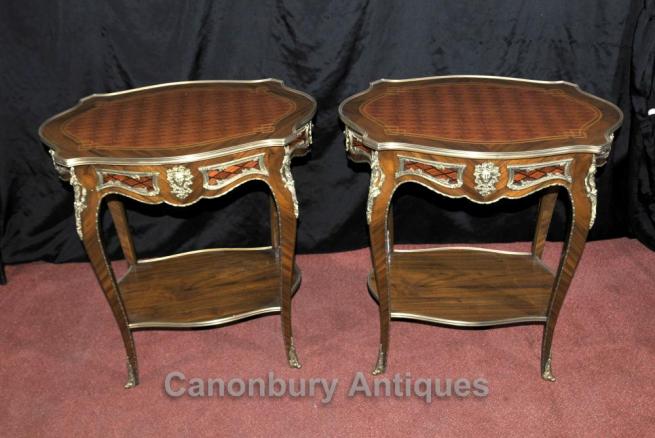 Pair French Empire Cocktail Tables Side Table Parquetry Inlay