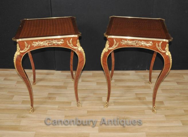 Pair French Empire Louis XVI Side Cocktail Tables Parquetry Inlay