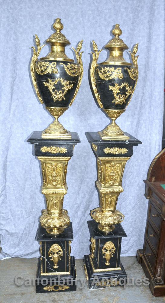 Pair French Empire Marble Amphora Urns on Pedestal Stands