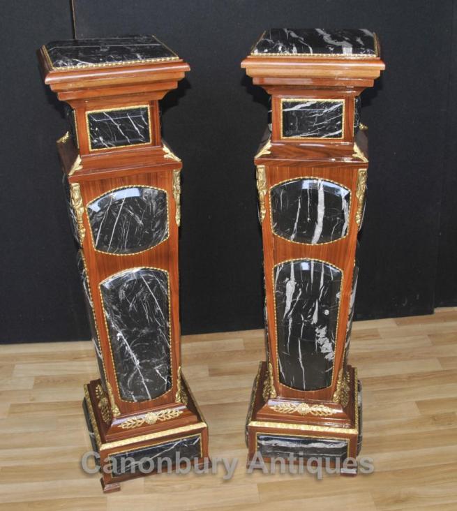 Pair French Empire Marble Pedestal Stands Column Tables
