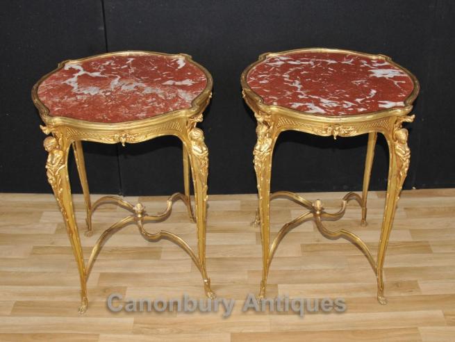 Pair French Empire Ormolu Side Cocktail Tables Maiden Legs