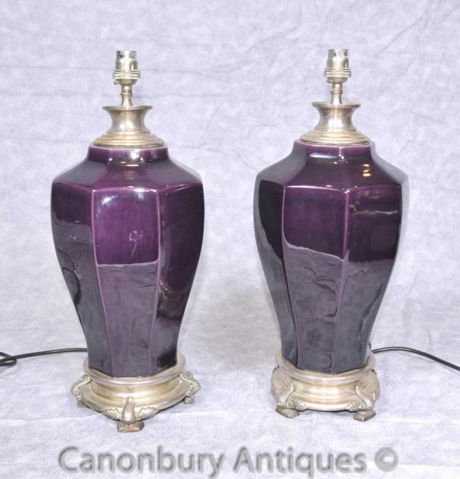 Pair French Empire Porcelain Lamp Bases Silver Bronze Table Light