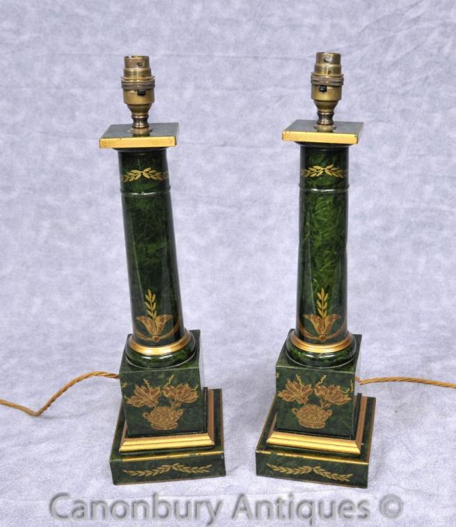 Pair French Empire Porcelain Table Lamps Doric Column Temple Light