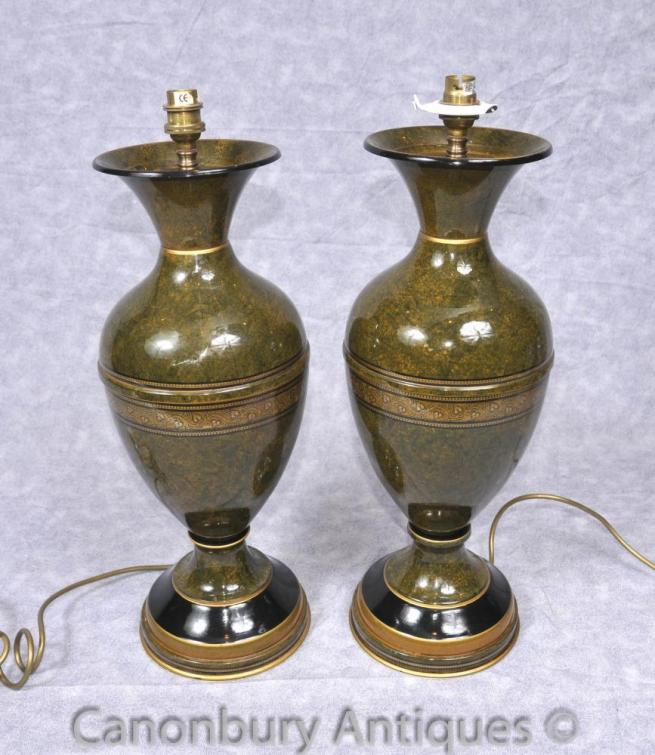 Pair French Empire Porcelain Table Lamps Lights Amphora Urn