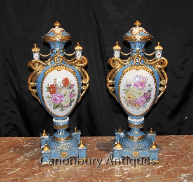 Pair French Sevres Porcelain Floral Amphora Urns Vases