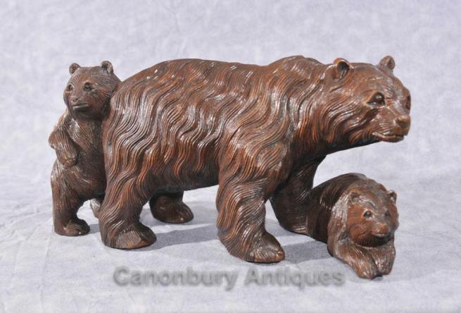 Pair Hand Carved Black Forest Bear Cub Family Statues Brown Bears
