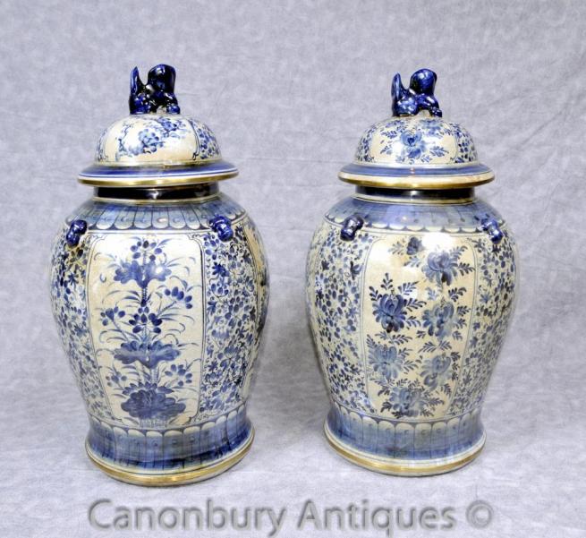 Pair Kangxi Blue and White Porcelain Ginger Jars Temple Urns Chinese Urn