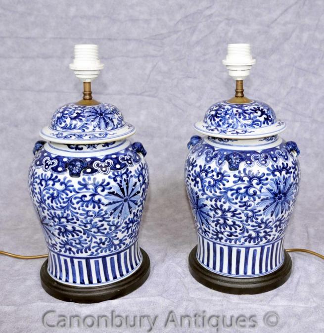 Pair Kangxi Blue and White Porcelain Table Lamps Lights Chinese Urns