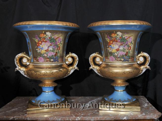Pair Large Sevres Porcelain Floral Campana Urns Planters Vases