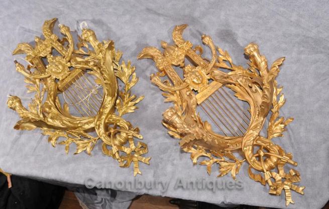 Pair Louis XVI Ormolu Sconces Wall Lights Lyre Appliques