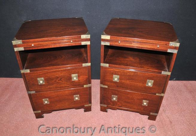 Pair Mahogany Campaign Bedside Chests Tables Nightstands English Furniture