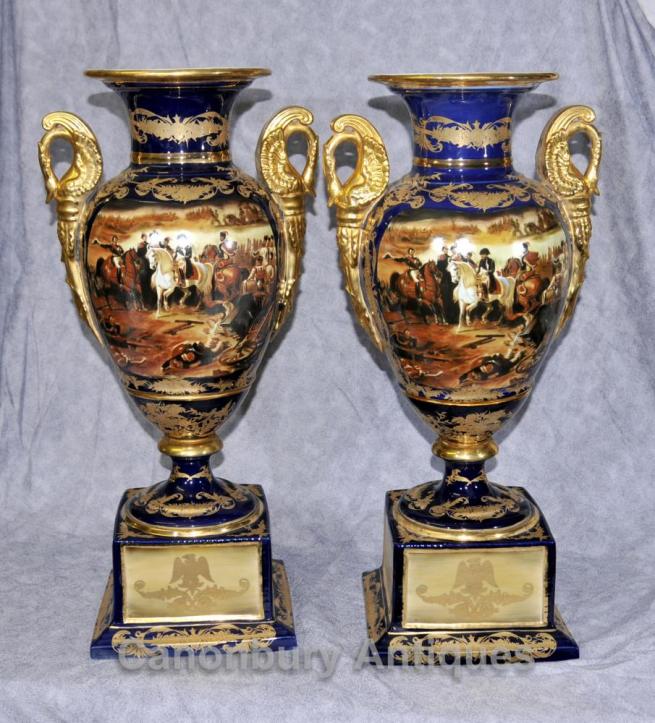 Pair Paris Sevres Porcelain Napoleon Amphora Urns Vases