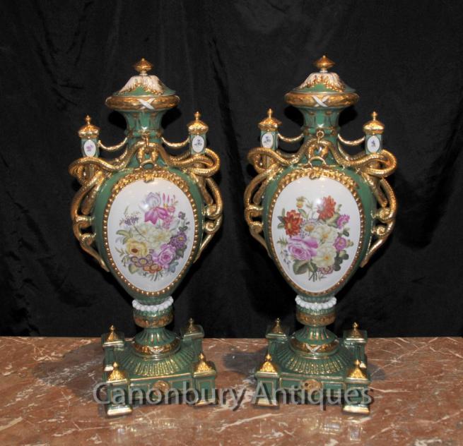 Pair Sevres Porcelain Floral Vases Amphora Urns Serpent Handles