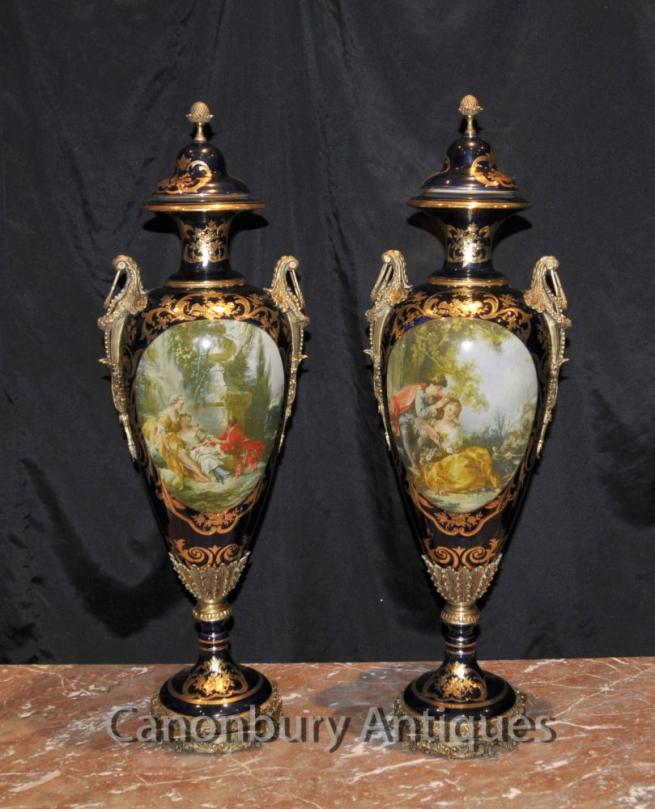 Pair Sevres Porcelain Romantic Vases Amphora Urns French Pottery