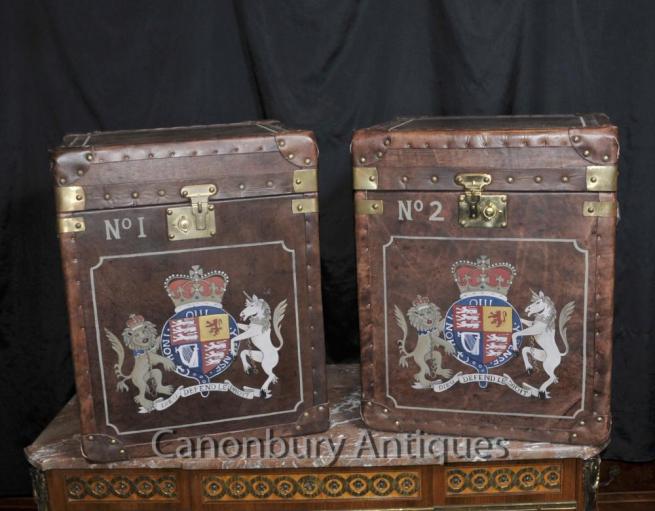 Pair Steamer Trunk Leather Luggaage Boxes Cases Side Tables