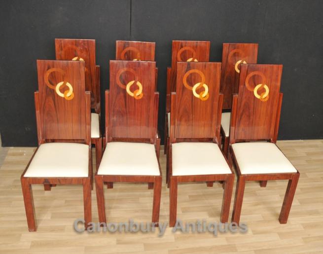 Set 8 Art Deco Dining Chairs Rosewood Seats Marquetry Inlay