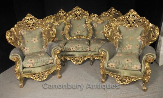 Antique French Rococo Sofa Suite Gilt Arm Chairs Lounge Chair Chippendale