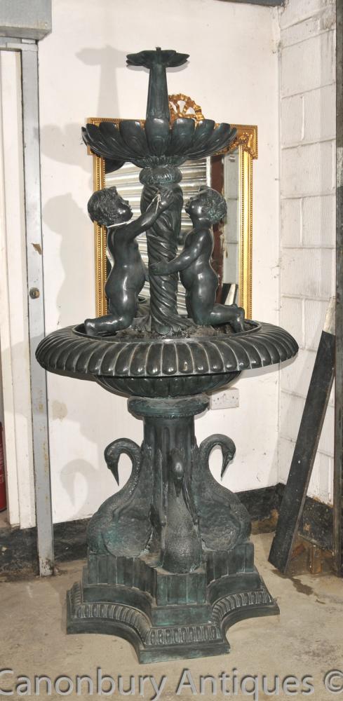 Classical French Verdis Gris Bronze Cherub Fountain Swan Tiered Base