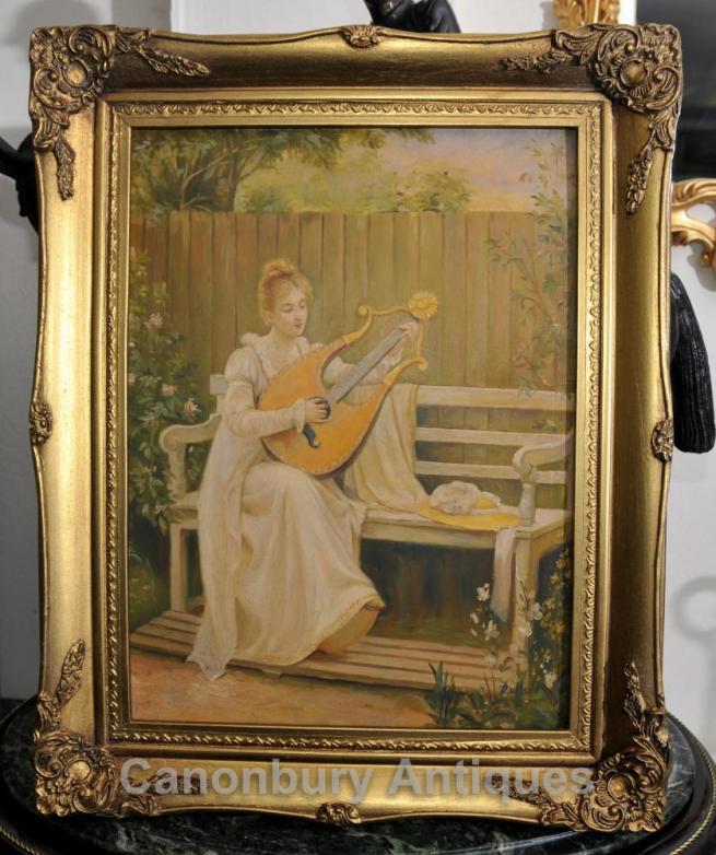 Edwardian Oil Painting Portrait Maiden and Lyre Musical