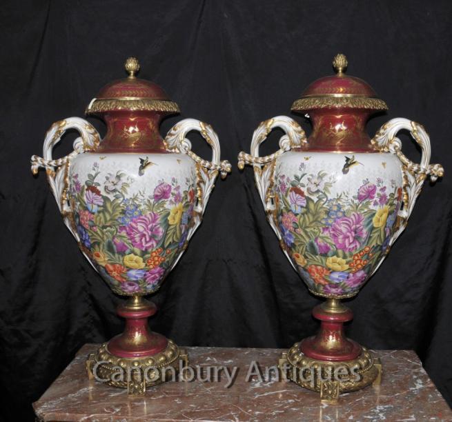 Pair Big Sevres Porcelain Urns Tropical Floral Spray French Vases