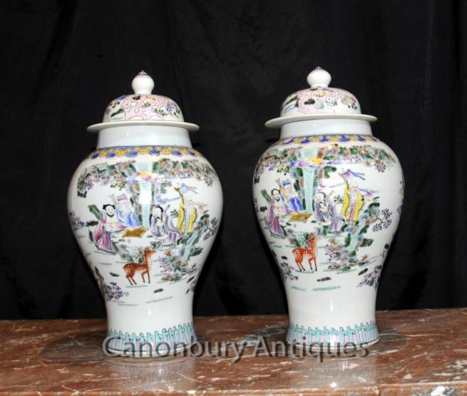 Pair Chinese Celadon Porcelain Ginger Jars Lidded Urns Vases