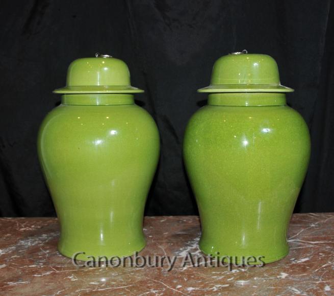 Pair Chinese Qing Porcelain Lidded Urns Vases Ginger Temple Jars