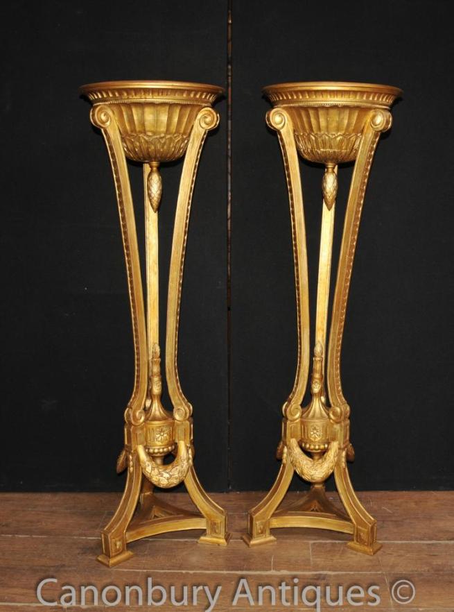 Pair French Empire Gilt Torcheres Pedestal Planter Stands Carved