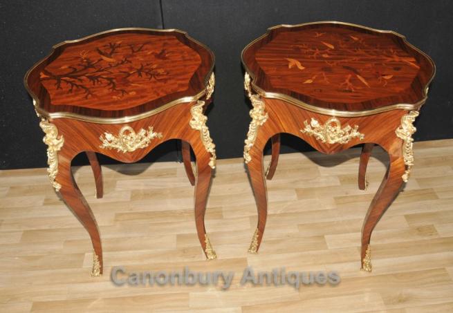 Pair French Louis XVI Side Cocktail Tables Bird Inlay