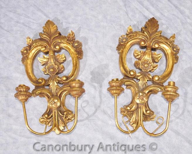 Pair French Rococo Carved Wood Sconces Wall Lights