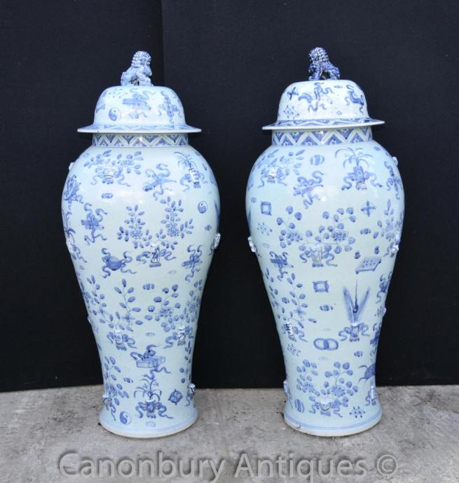 Pair Large Blue and White Ming Porcelain Lidded Urns Vases Temple