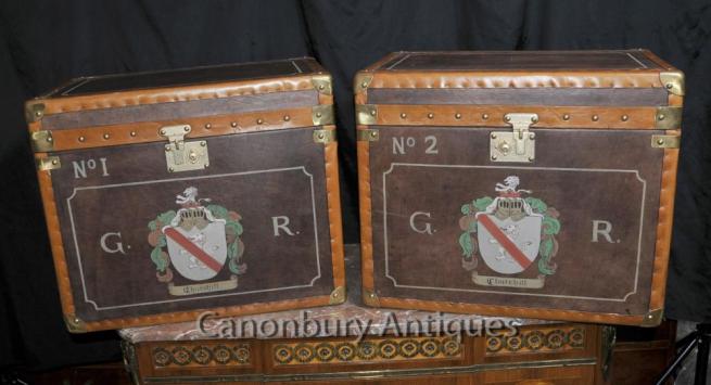 Pair Leather Steamer Trunk Luggage Boxes Coffee Side Tables