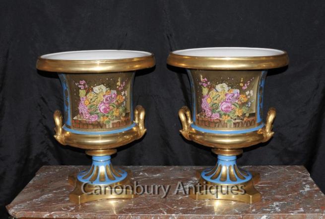 Pair Sevres Porcelain Campana Urns Planters French Floral Vases