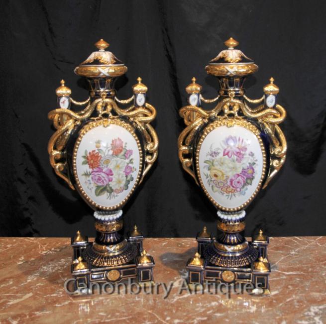Pair Sevres Porcelain Floral Amphora Urns Vases Serpent Handles