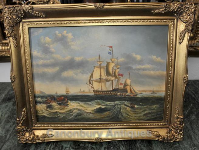 Victorian Oil Painting Sea Scape Galleon Maritime Art Portsmouth