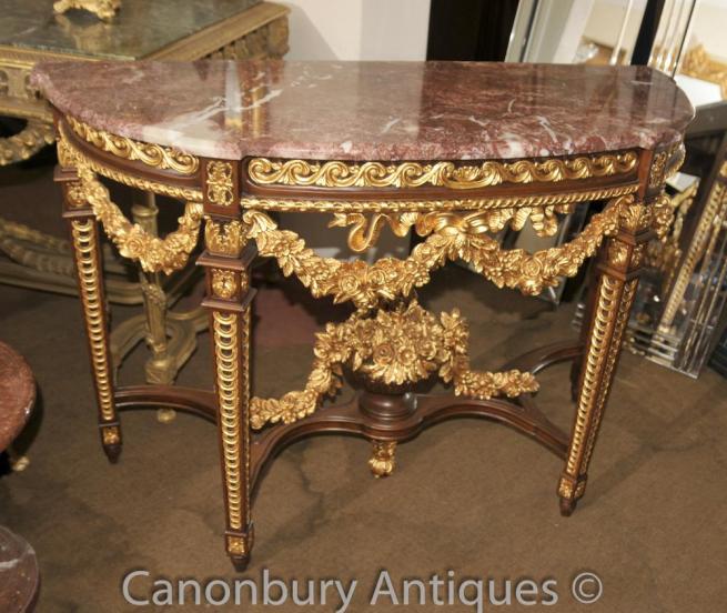 French Louis XVI Gilt Demi Lune Console Table Marble Top