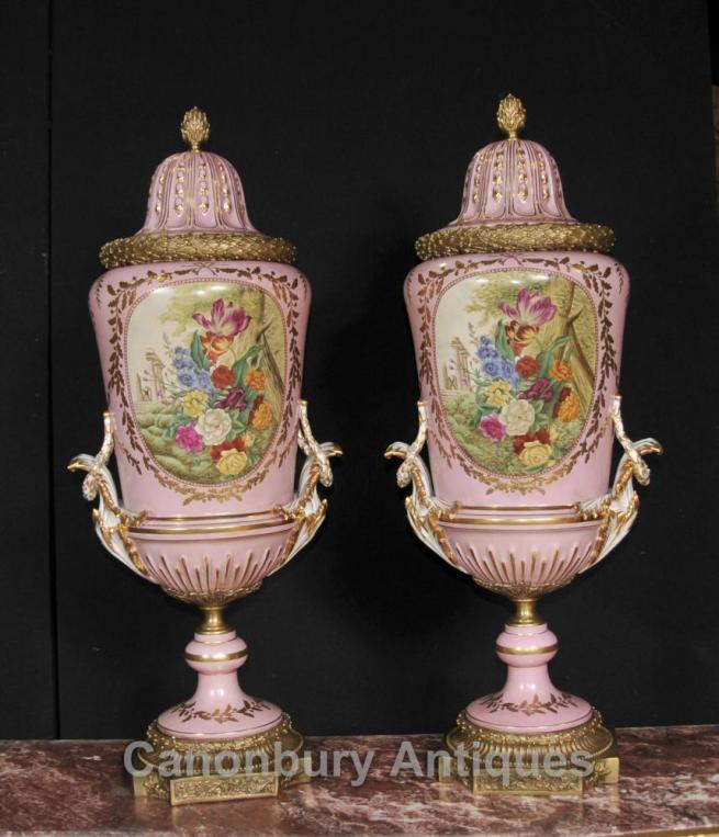 Pair Big French Sevres Porcelain Floral Urns Vases Pottery