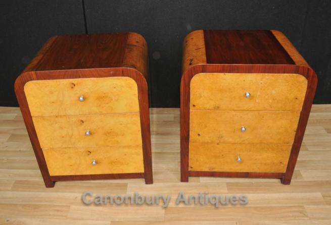 Pair Blonde Walnut Deco Nightstands Bedside Tables Chests Commodes