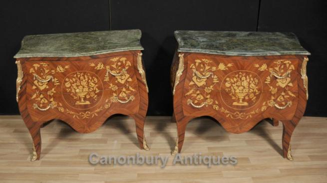 Pair Empire Bombe Commodes Chests Drawers Marquetry Inlay French