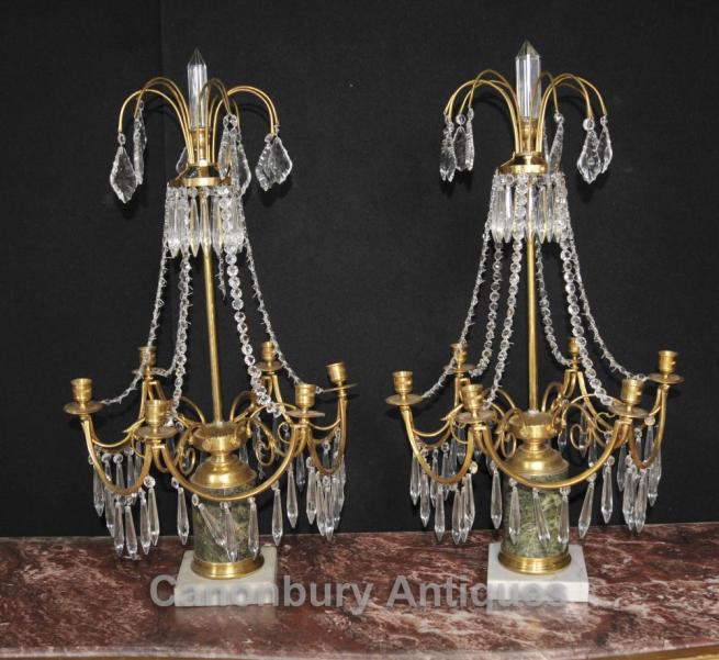 Pair Empire Ormolu Candelabras Chandeliers Table Lamps Green Marble