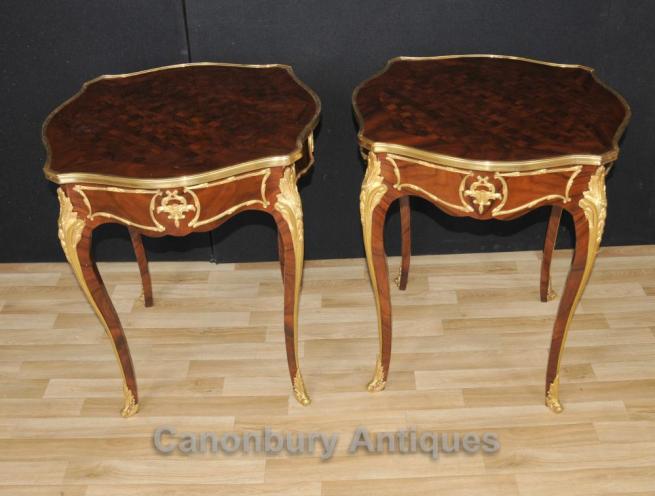 Pair French Empire Cocktail Side Tables Parquetry Inlay