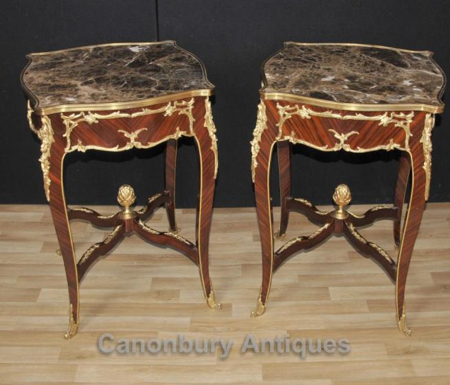 Pair French Louis XVI Side Occasional Tables Marble Tops