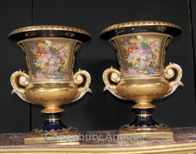 Pair French Sevres Porcelain Floral Vases Lidded Urns