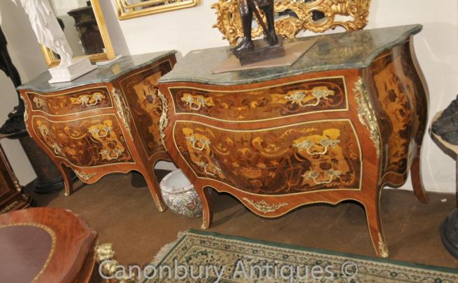 Pair Louis XVI Bombe Chest of Drawers Commodes Marquetry Inlay
