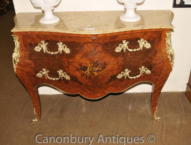 Pair Louis XVI Bombe Chests Drawers Commodes Marquetry Inlay