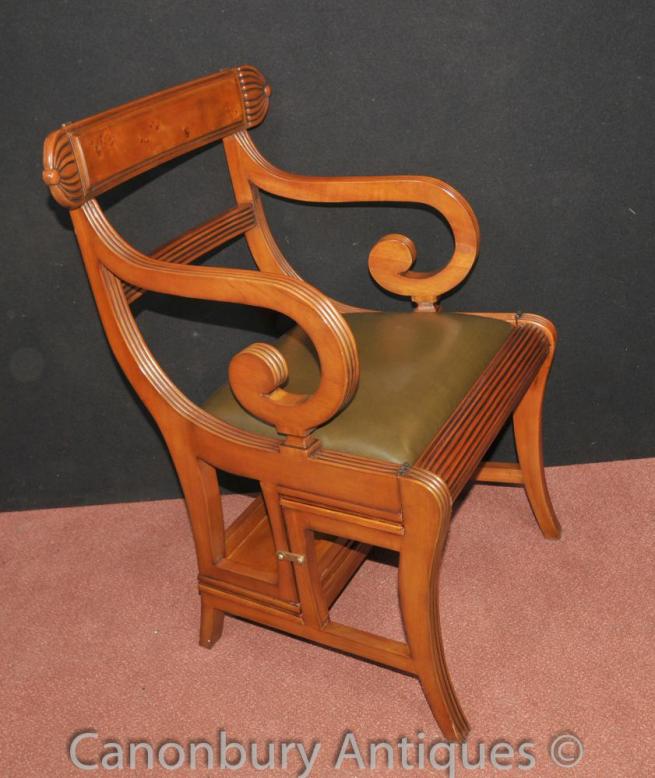 Regency Metamorphic Chair Library Steps Ladder Walnut Arm Chairs