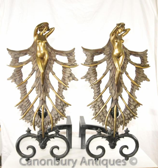 Antique French Art Nouveau Nude Female Andirons Firedogs