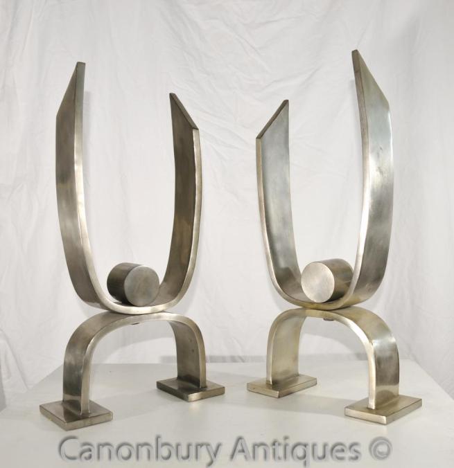 Art Deco Silver Bronze Andirons Chenet Decorative Sculpture Deskey-Vollmer